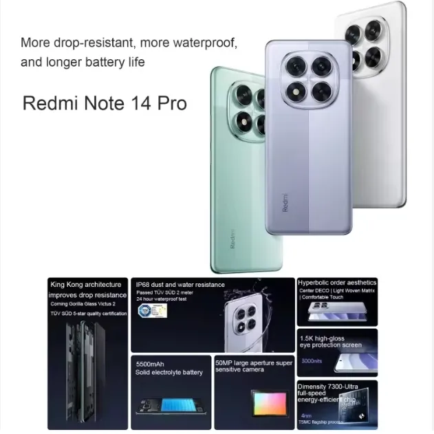 Original Brand New Xiaomi Redmi Note 14 PRO 12GB+256GB 6.67 Inch Hyperos Mediatek Dimensity 7300-Ultra Octa Core NFC 5g Smartphone 2