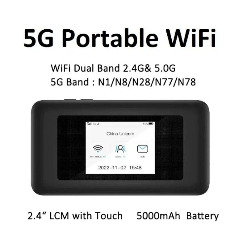 5000mAh 5G Dual-Band Pocket Router WiFi 6 Hotspot with SIM Slots 72H ...